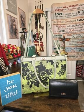 Green Floral Tote Bag with Black Wallet Bundle
